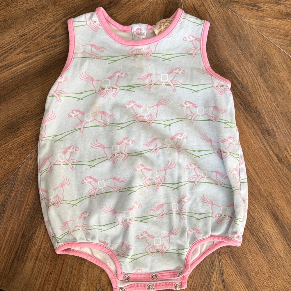 The Beaufort Bonnet Company Pink and White Horse Print Bodysuit